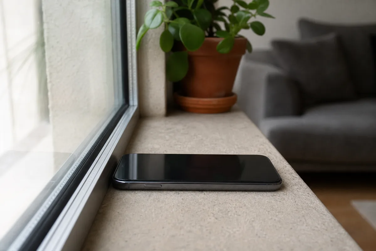 Smartphone posé sur le rebord intérieur d’une fenêtre à double vitrage dans un salon français