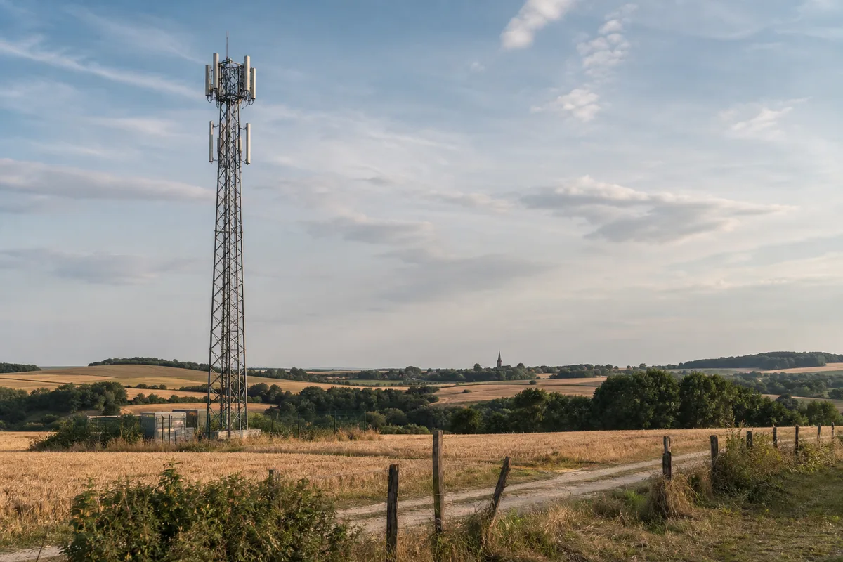 Pylône d’antenne relais de téléphonie mobile dans une campagne française vallonnée