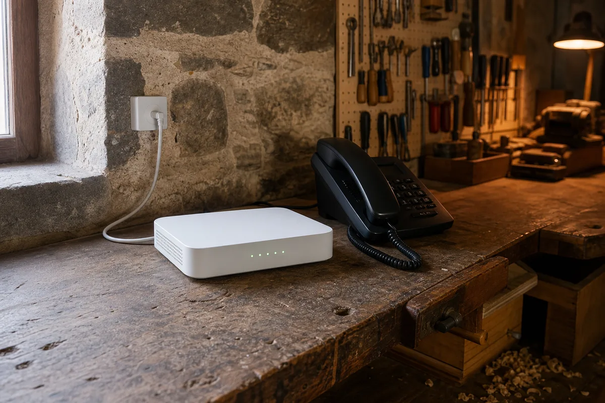 Petit atelier artisanal français avec box internet et téléphone fixe posés sur un établi