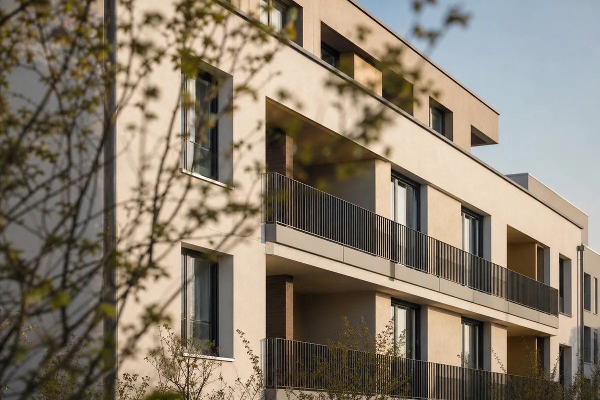 Toits d’un quartier résidentiel au crépuscule, un mât fin se détachant au loin sur le ciel