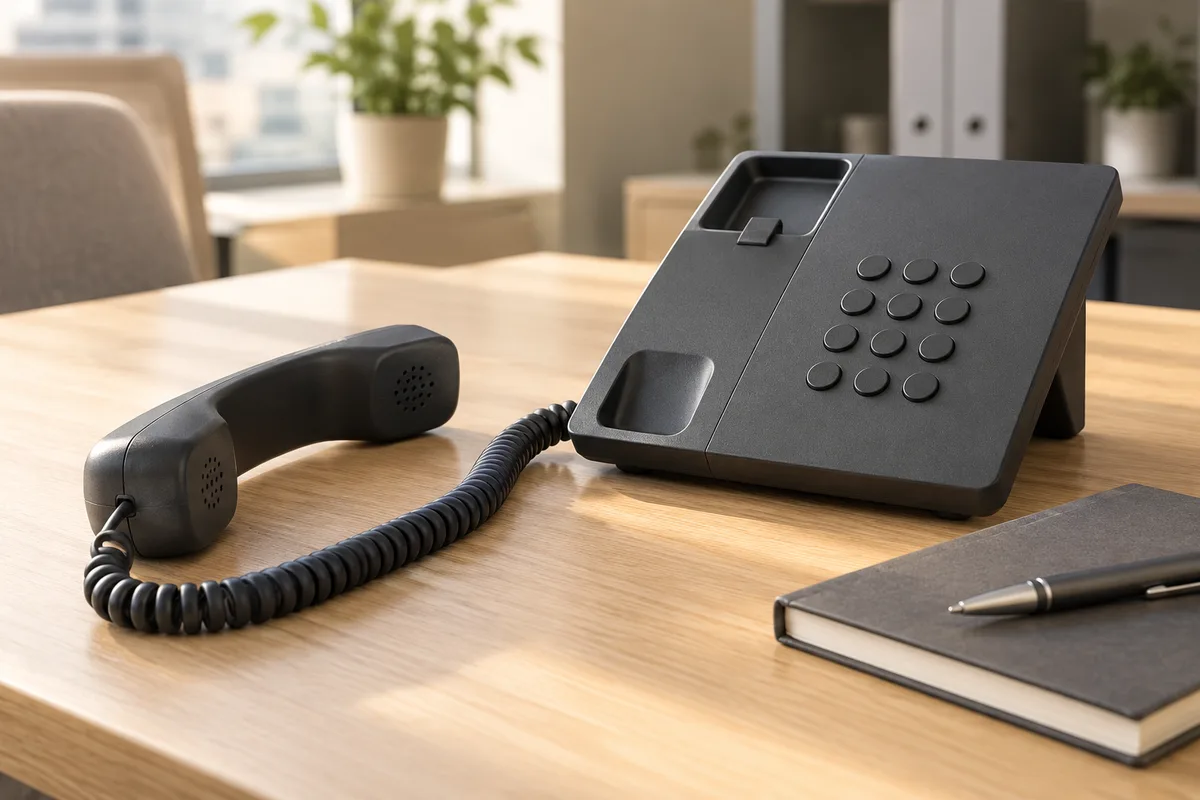 Téléphone de bureau aux touches unies, combiné décroché posé à côté du socle