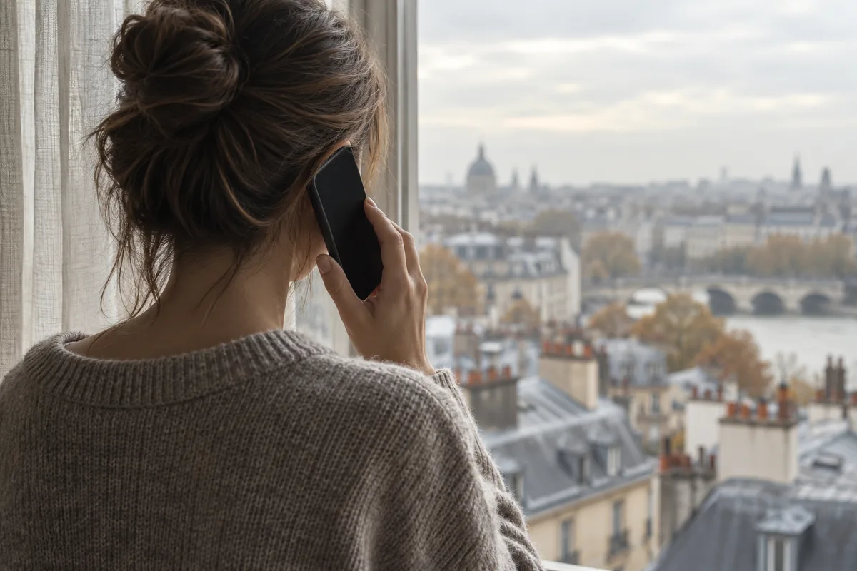 Personne vue de dos près d&rsquo;une fenêtre, un smartphone à l&rsquo;écran éteint contre l&rsquo;oreille