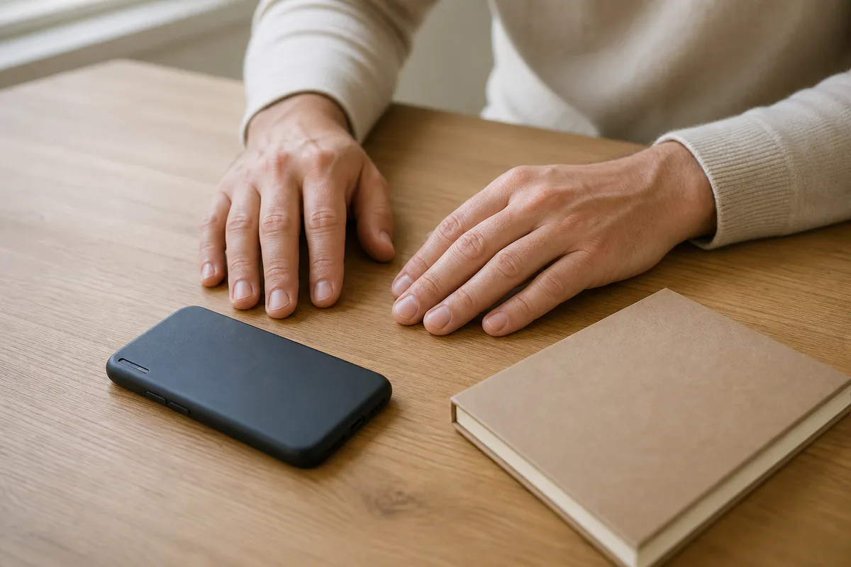 Deux mains posées sur une table en bois près d&rsquo;un téléphone retourné écran contre le plateau