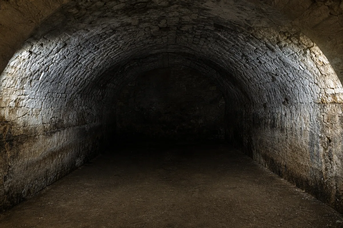 Cave voûtée en pierre entièrement vide sous une lumière rasante