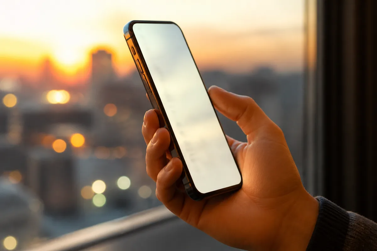 Main tenant un smartphone à la verticale devant une fenêtre en fin de journée, écran de trois quarts et flou