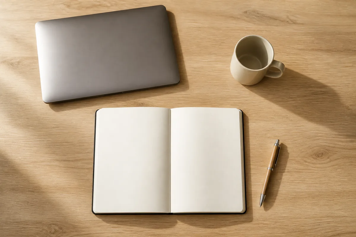 Vue de dessus d’un plan de travail en bois clair avec un carnet ouvert aux pages vierges et un ordinateur portable refermé