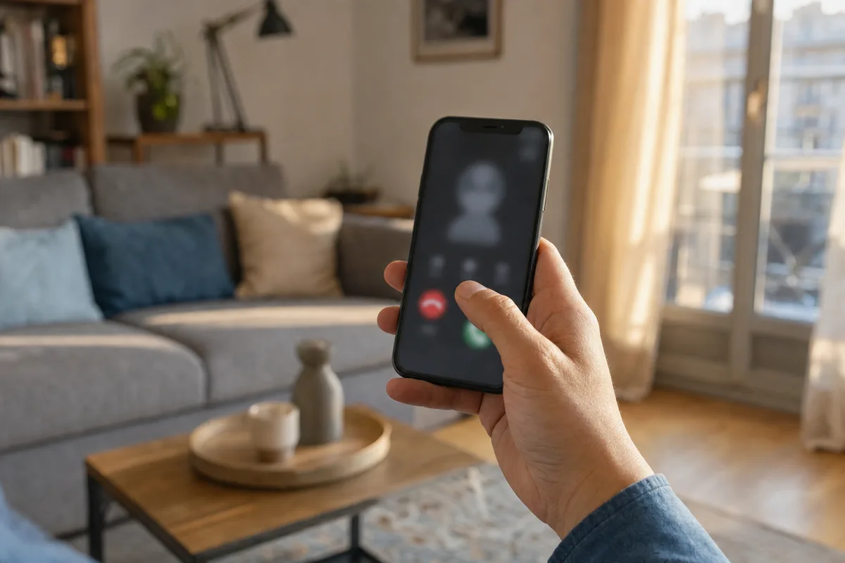 Smartphone posé sur une table de cuisine française affichant un appel entrant d&rsquo;un numéro inconnu