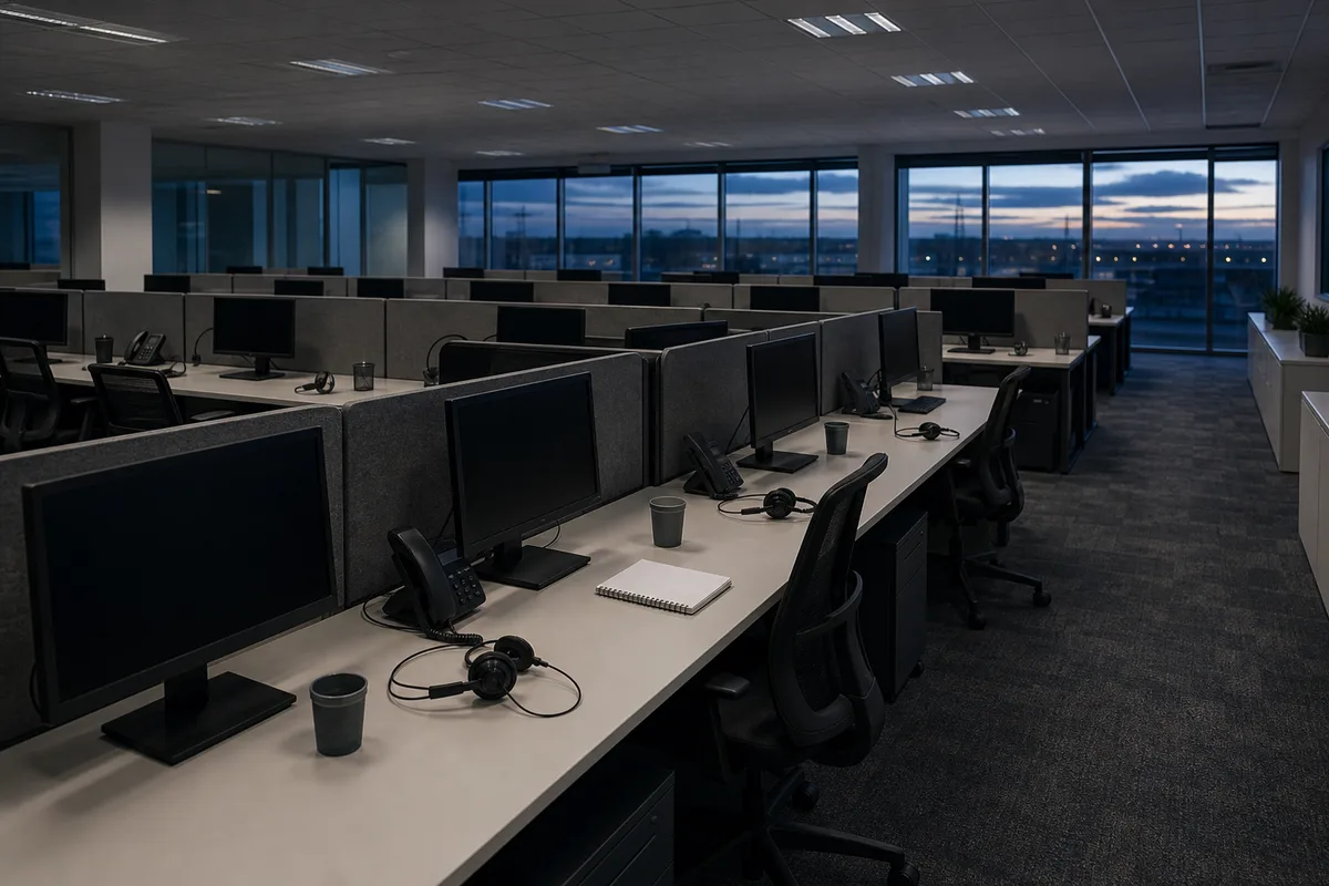 Plateau de centre d&rsquo;appels français vide en fin de journée, casques posés sur les bureaux