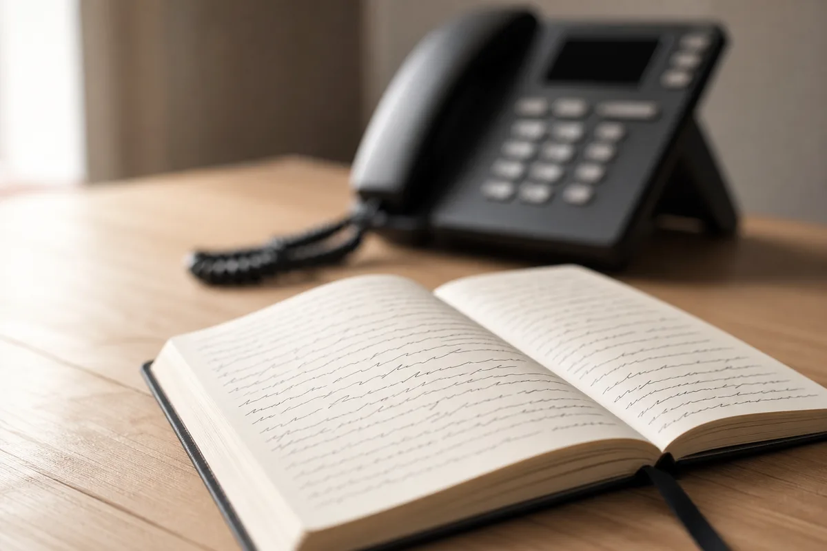 Bureau d&rsquo;artisan français avec téléphone fixe IP et agenda papier ouvert