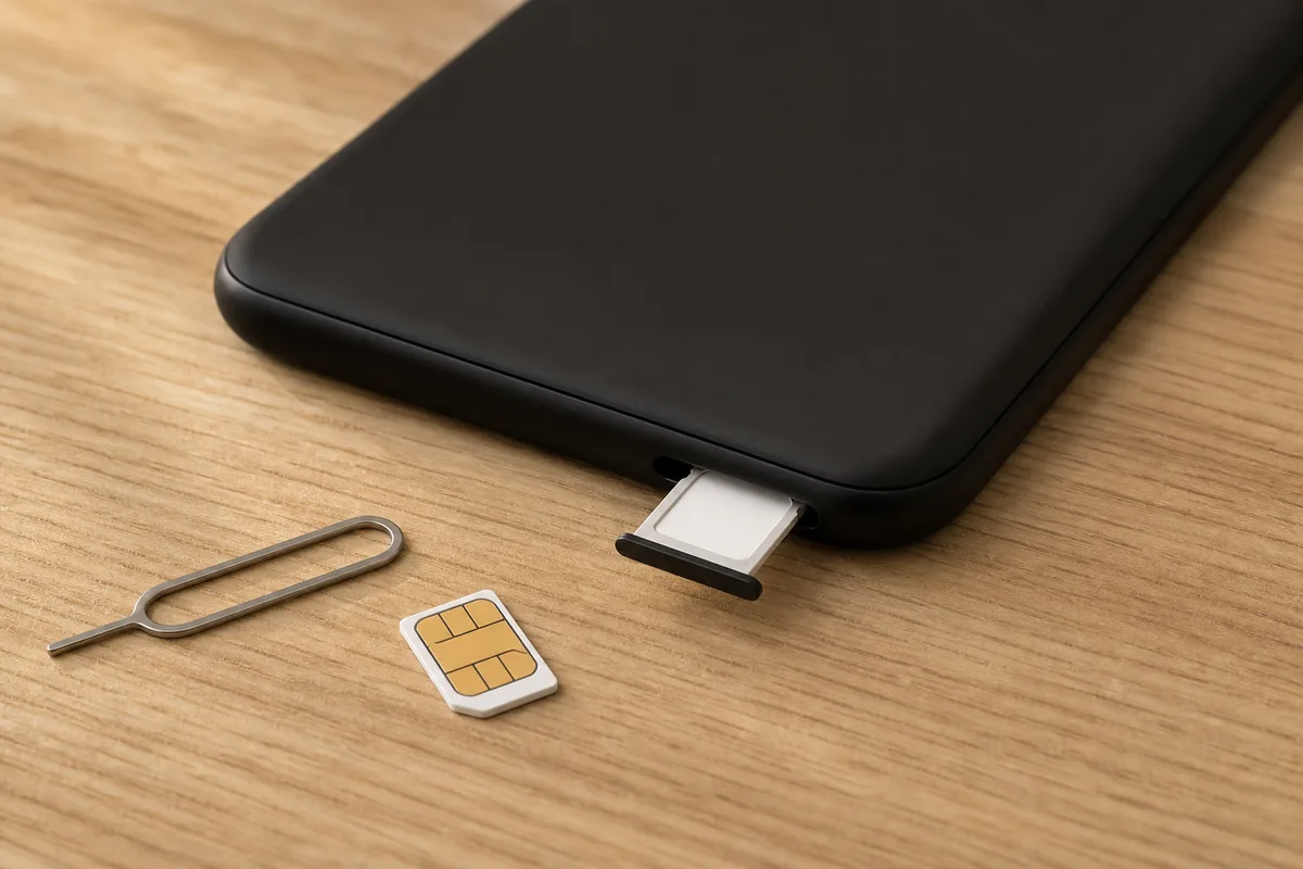 Mains d’adulte ouvrant le tiroir de carte SIM d’un smartphone posé face contre la table