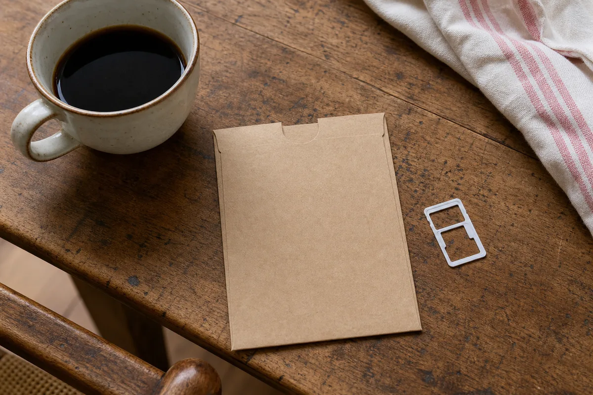 Enveloppe cartonnée vierge et support plastique de carte SIM sur un bureau de cuisine
