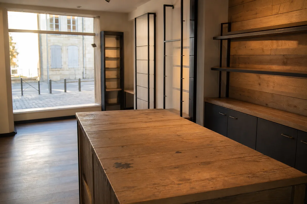 Comptoir en bois d’une boutique de téléphonie vide en fin de journée
