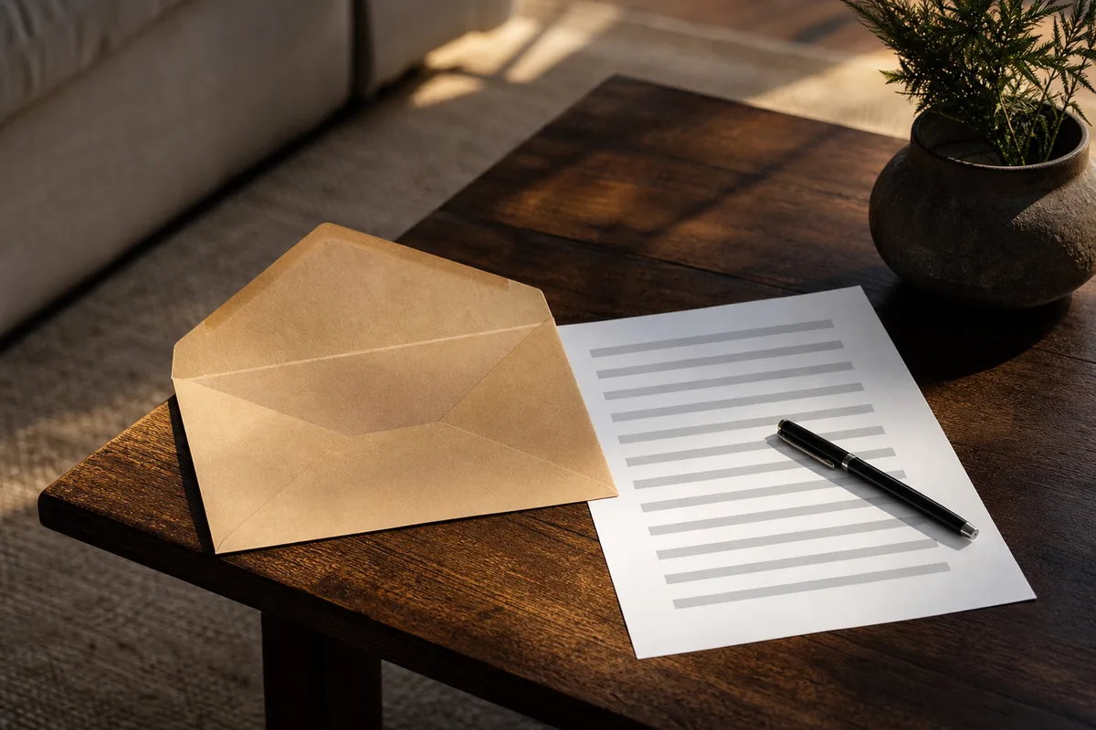 Enveloppe ouverte et feuille de contrat posées sur une table de salon en bois