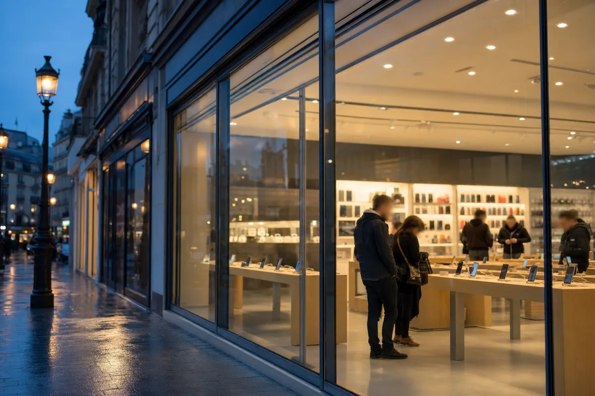 Vitrine d’une boutique de téléphonie dans une rue française au crépuscule