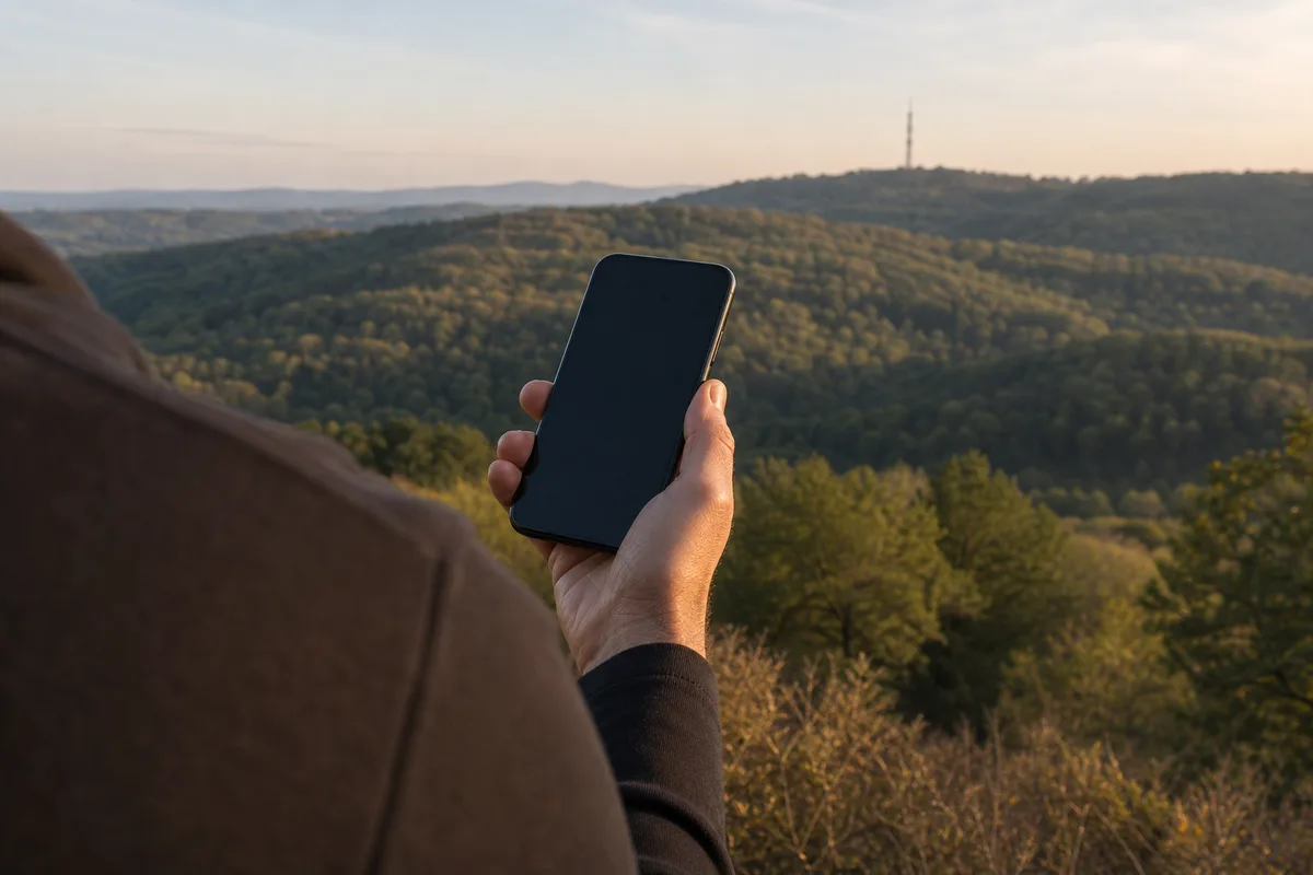 Main tenant un smartphone éteint face à un paysage de collines avec une antenne relais au loin