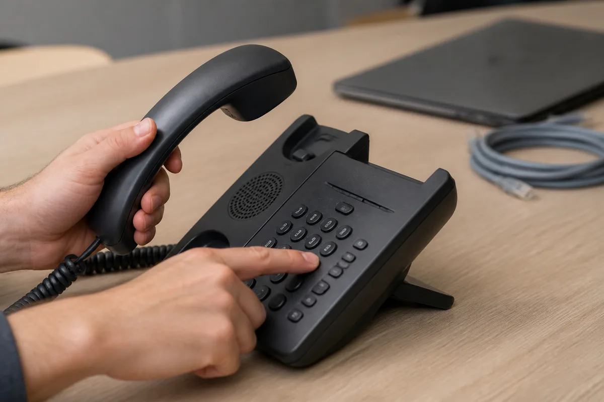Mains réglant un combiné de téléphone fixe posé près d&rsquo;un ordinateur portable refermé