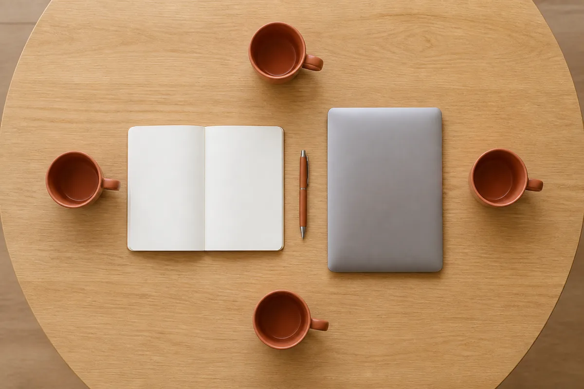 Table de réunion vue de dessus avec carnet, stylo et ordinateur portable refermé