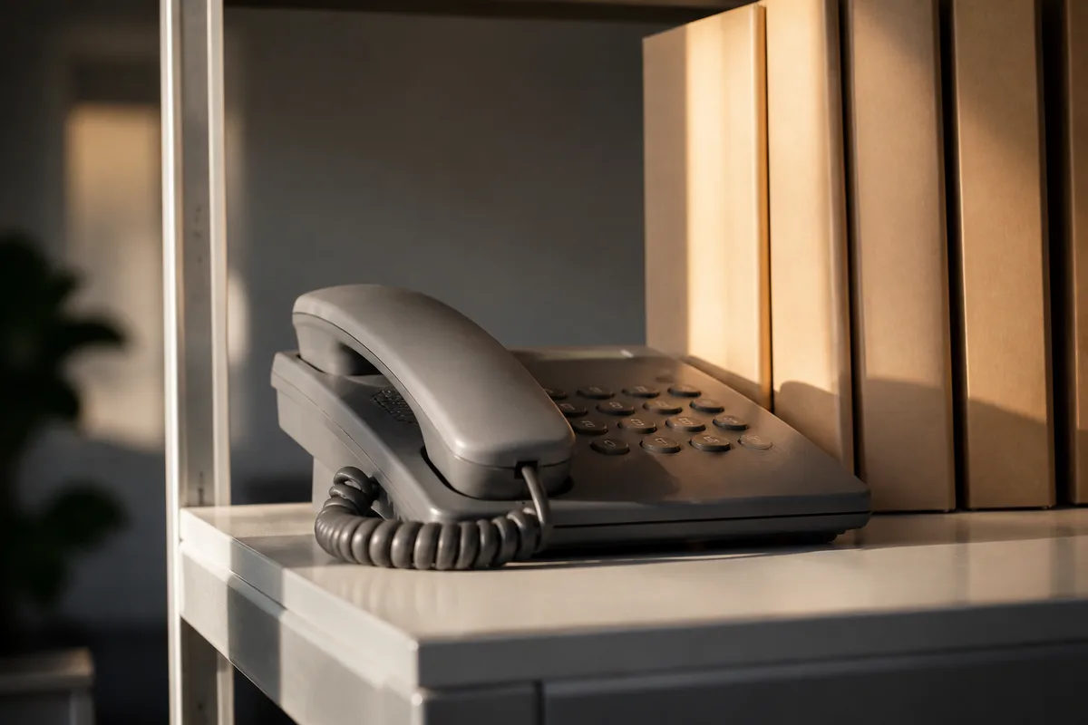 Étagère de bureau avec un téléphone fixe rangé à côté de dossiers cartonnés unis