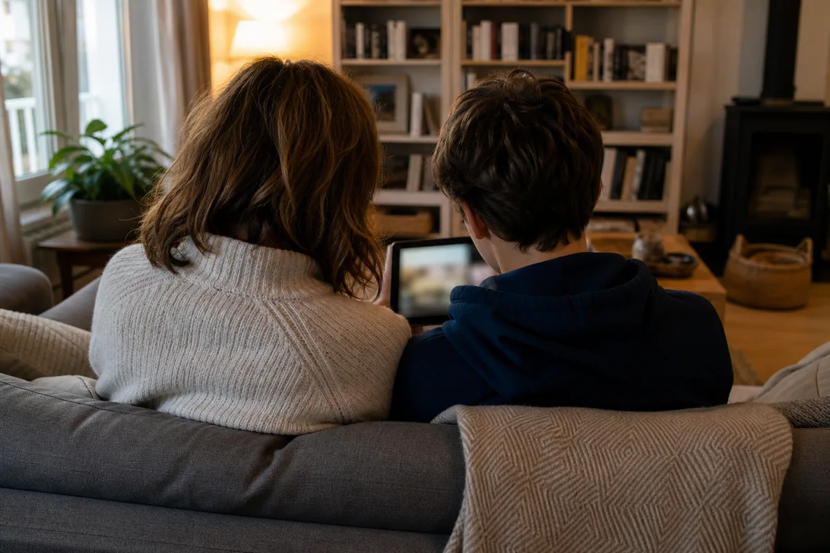 Famille comparant des offres de forfaits mobiles sur une tablette dans un salon