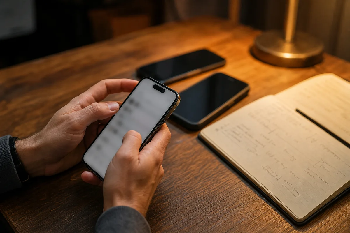Personne relevant la consommation de données mobiles sur plusieurs smartphones posés sur un bureau