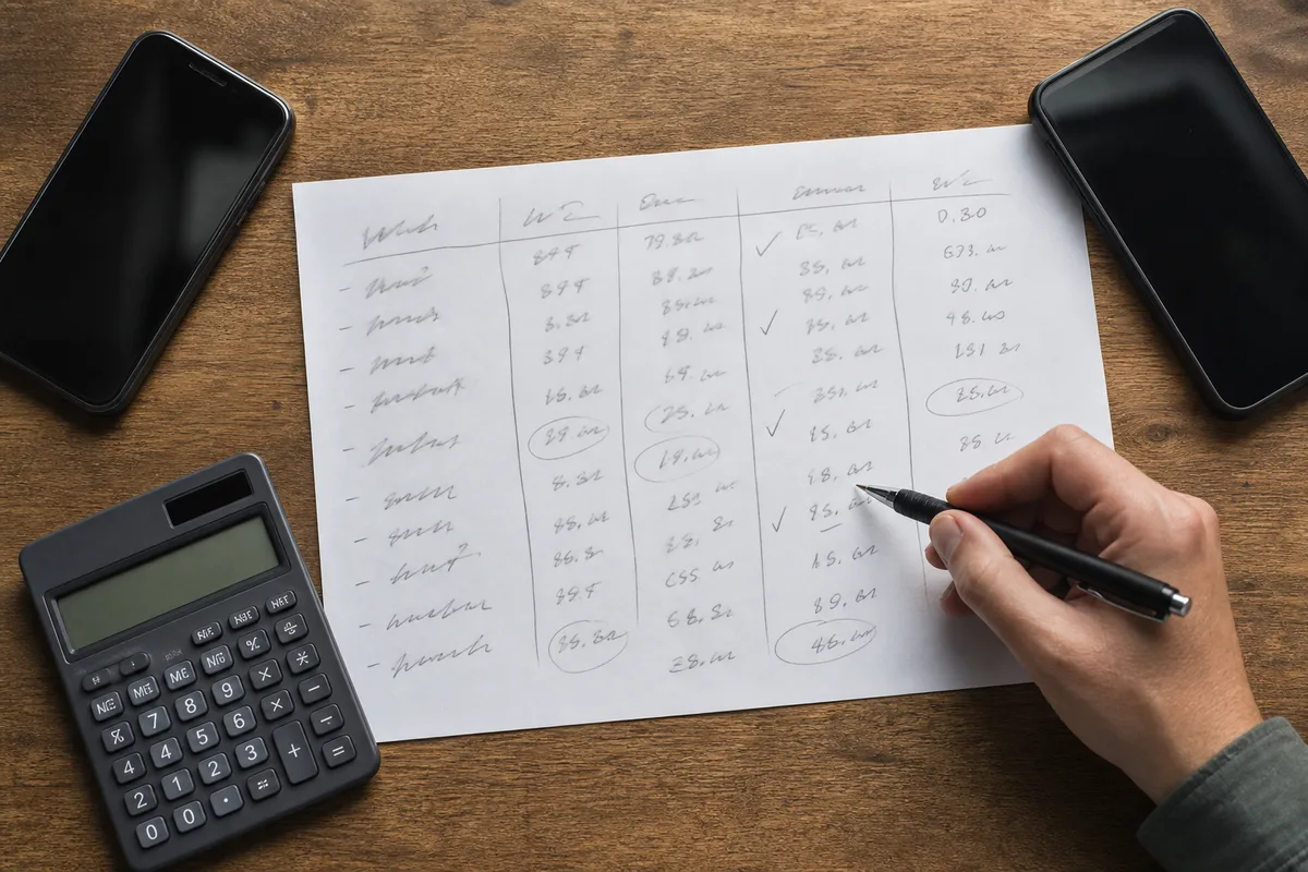 Feuille de calcul manuscrite des budgets télécom d’une famille avec calculatrice et smartphones