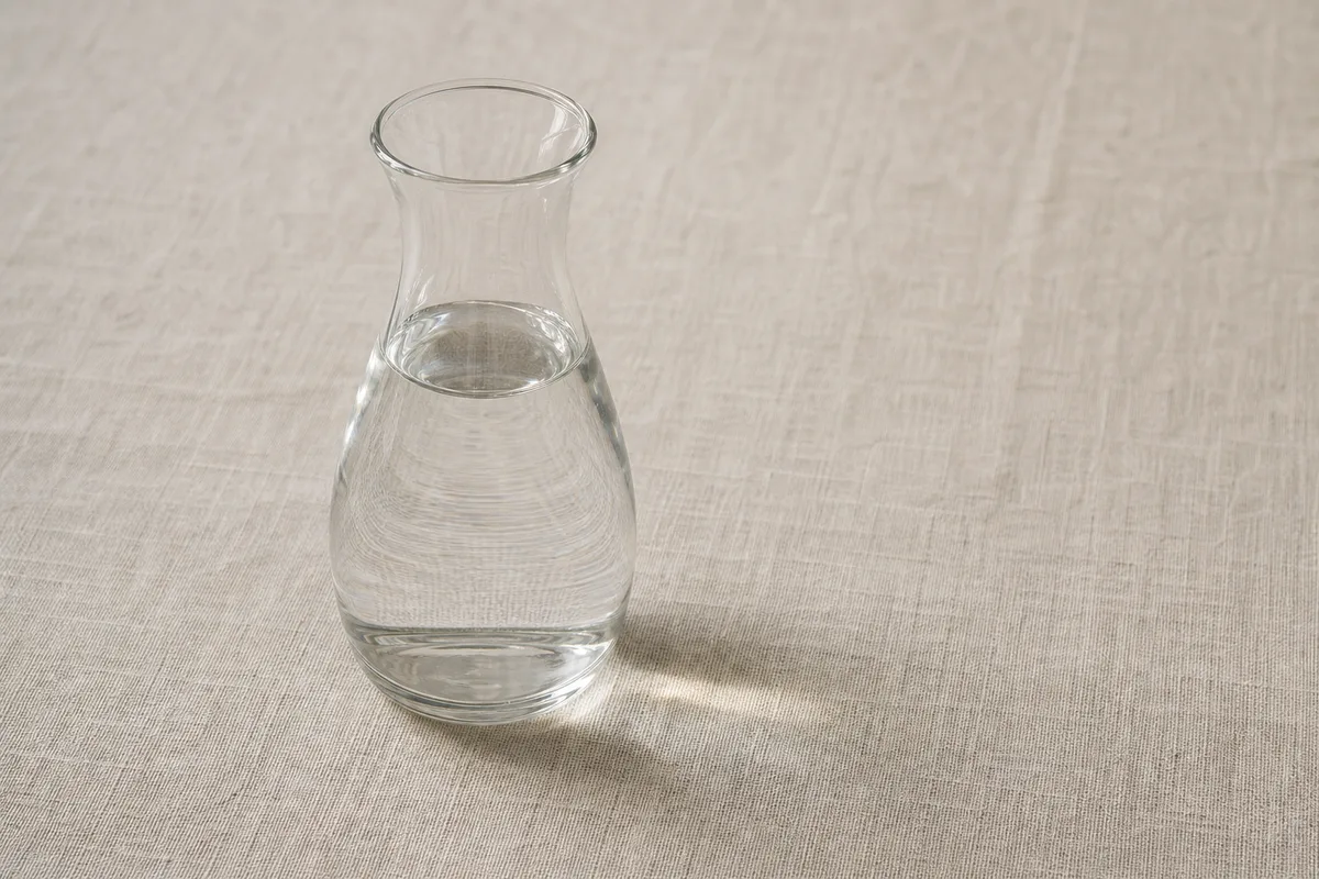 Carafe en verre remplie aux deux tiers d’eau claire posée sur une nappe de lin écrue