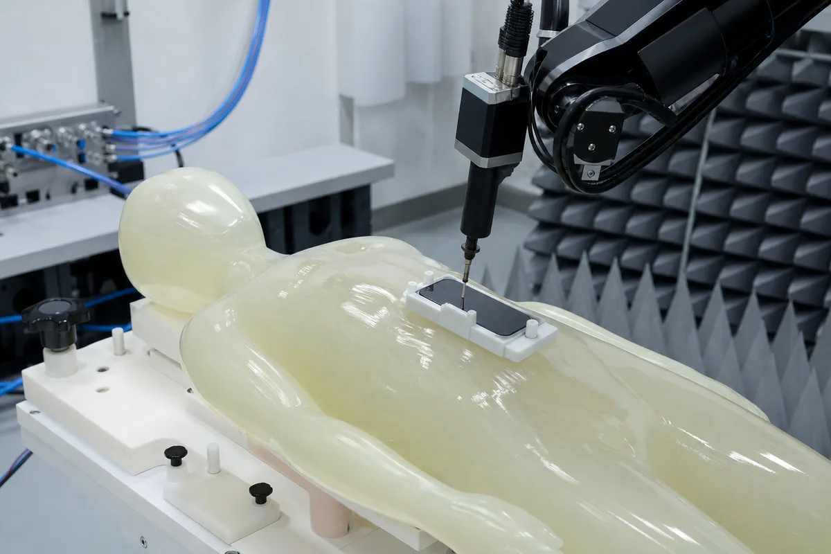 Mannequin de mesure dans un laboratoire d&rsquo;essais radiofréquences avec sonde et téléphone positionné