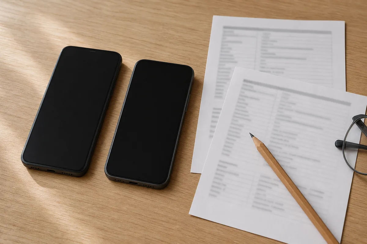 Deux téléphones posés côte à côte sur un bureau clair avec des fiches techniques imprimées