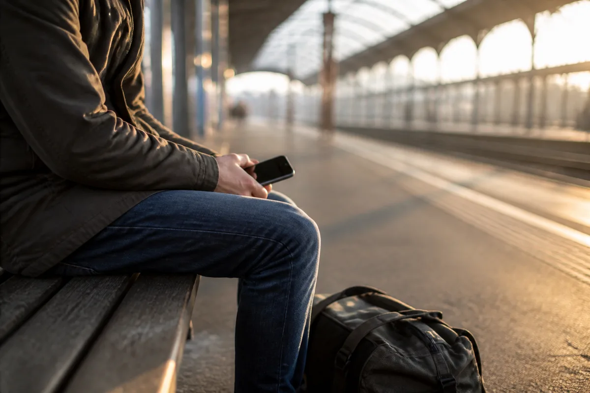 Voyageur assis sur un banc de gare, mains tenant un téléphone éteint, lumière naturelle rasante