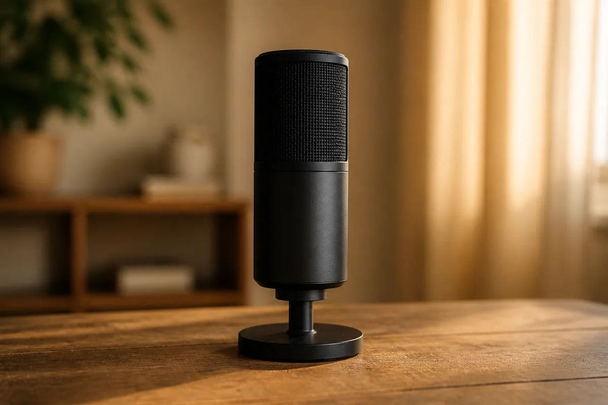 Microphone de studio sur pied posé sur une table en bois dans une pièce aux tons chauds