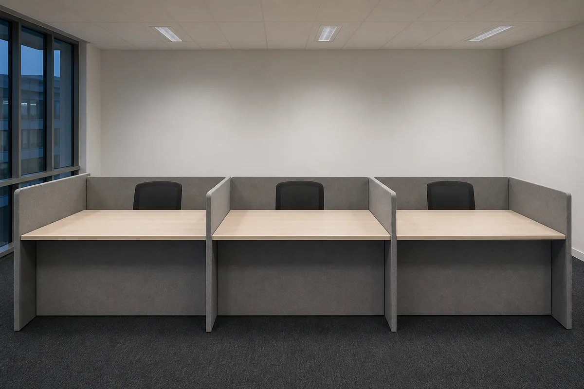 Plateau de service client vide avec casques audio posés sur des bureaux et écrans éteints