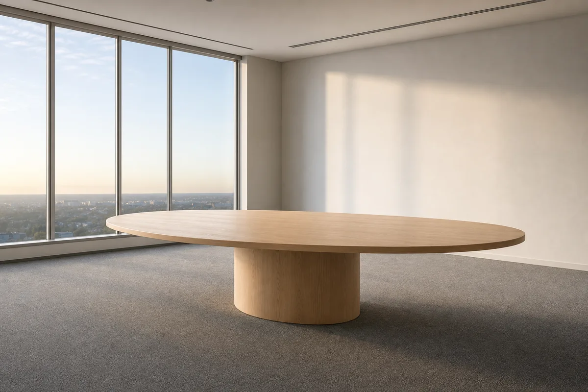 Salle de réunion vide avec table ovale, chaises et grande baie vitrée le matin