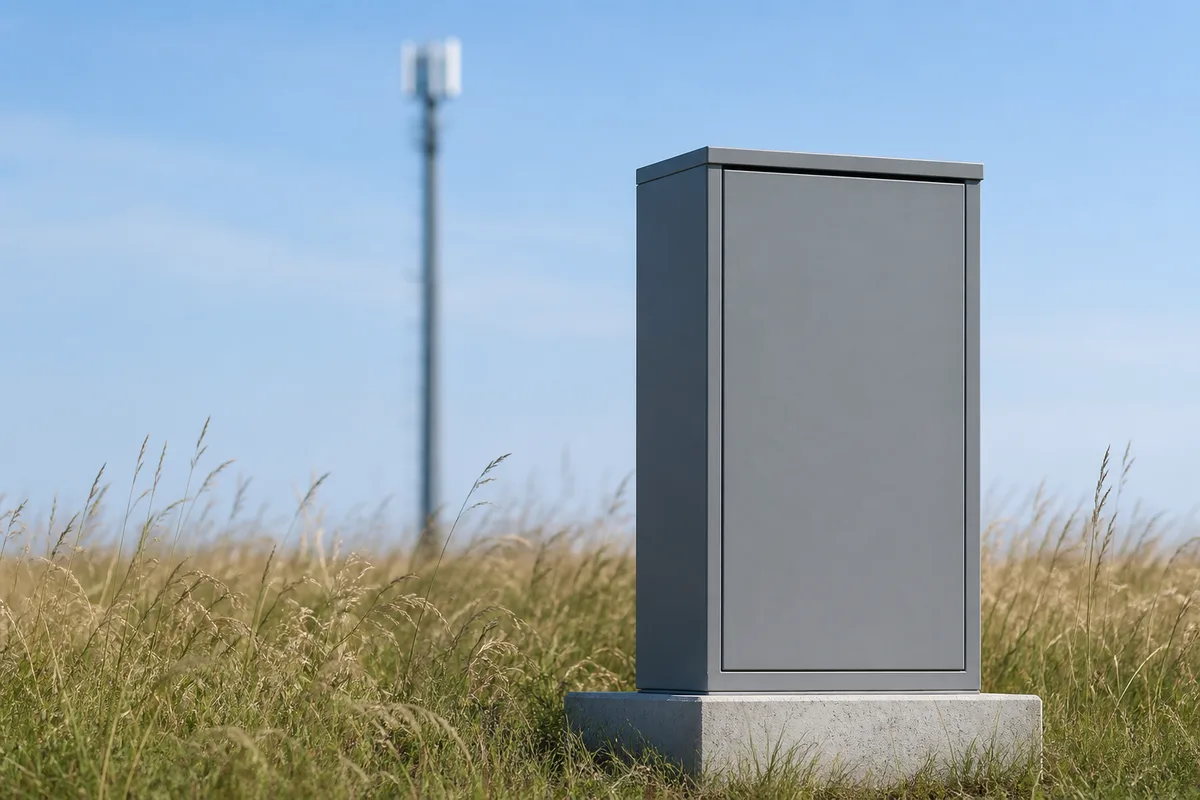 Armoire technique métallique grise entrouverte dans l&rsquo;herbe haute au pied d&rsquo;un mât