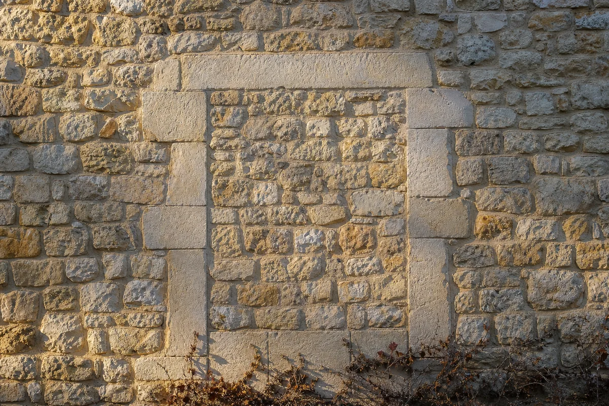 Mur de pierre d’une maison de village française avec volet de bois fermé en lumière rasante