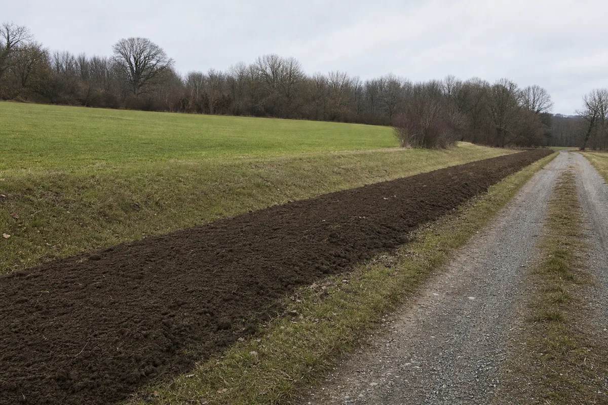 Bande de terre retournée fraîchement rebouchée le long d’un chemin de campagne