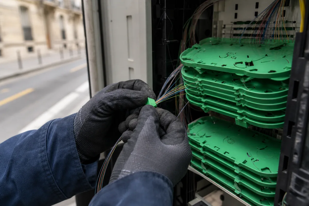 Technicien raccordant des fibres optiques dans une armoire de rue