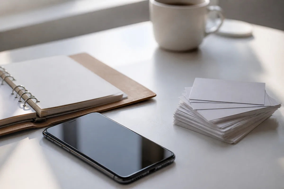 Bureau avec smartphone, carnet d&rsquo;adresses papier et pile de cartes de visite
