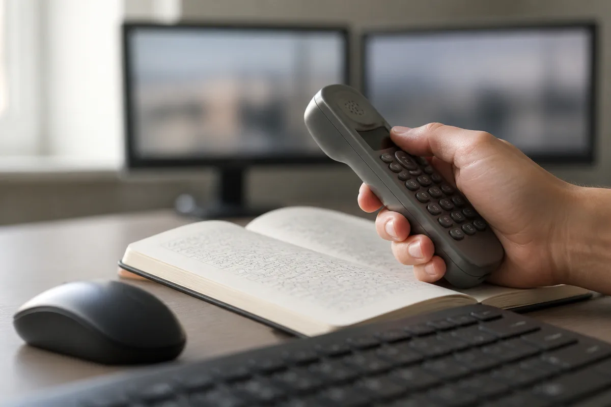 Poste de travail d&rsquo;une petite entreprise avec un téléphone de bureau et un écran de gestion allumé