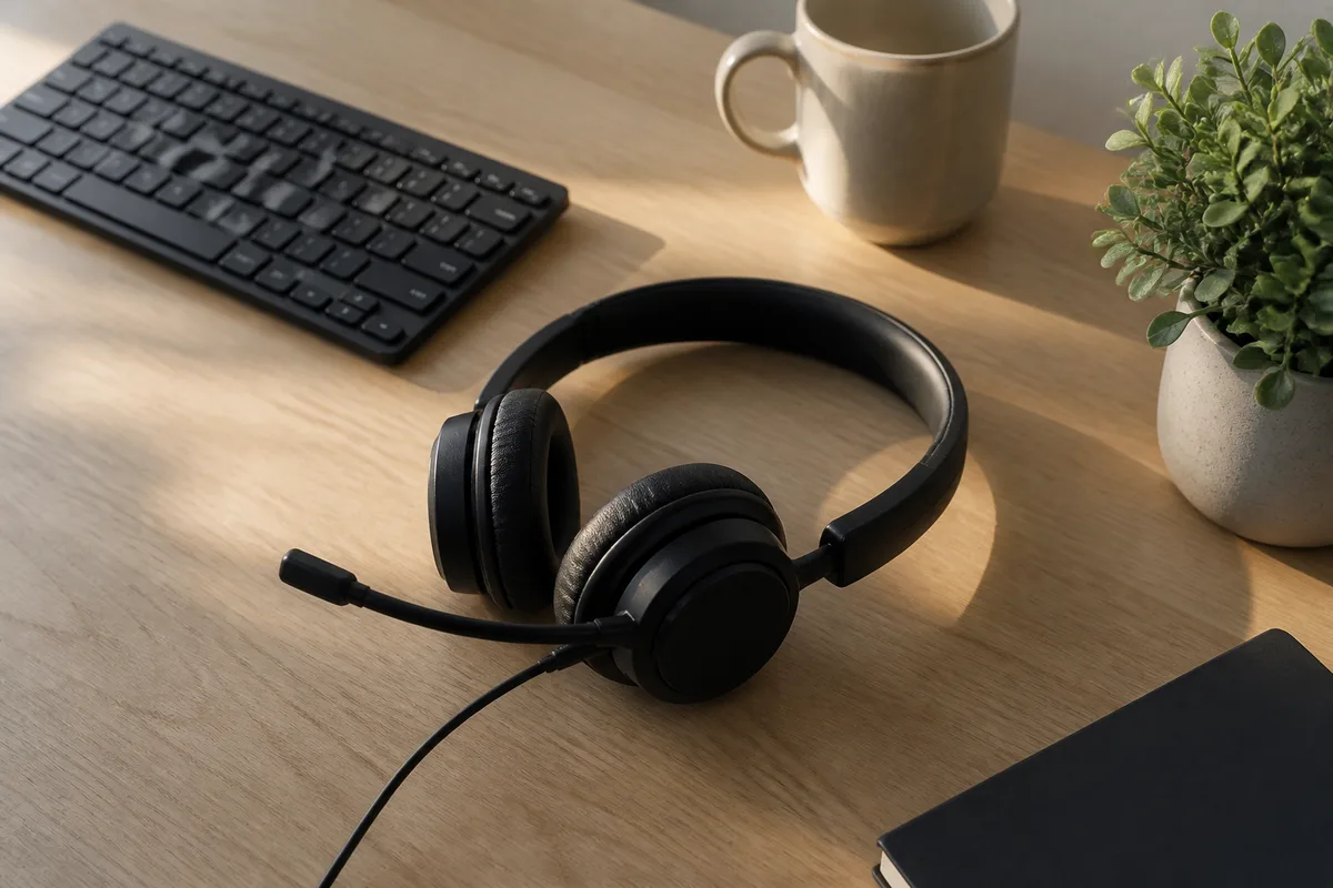 Main tenant un combiné téléphonique sans fil au-dessus d&rsquo;un carnet ouvert sur un bureau