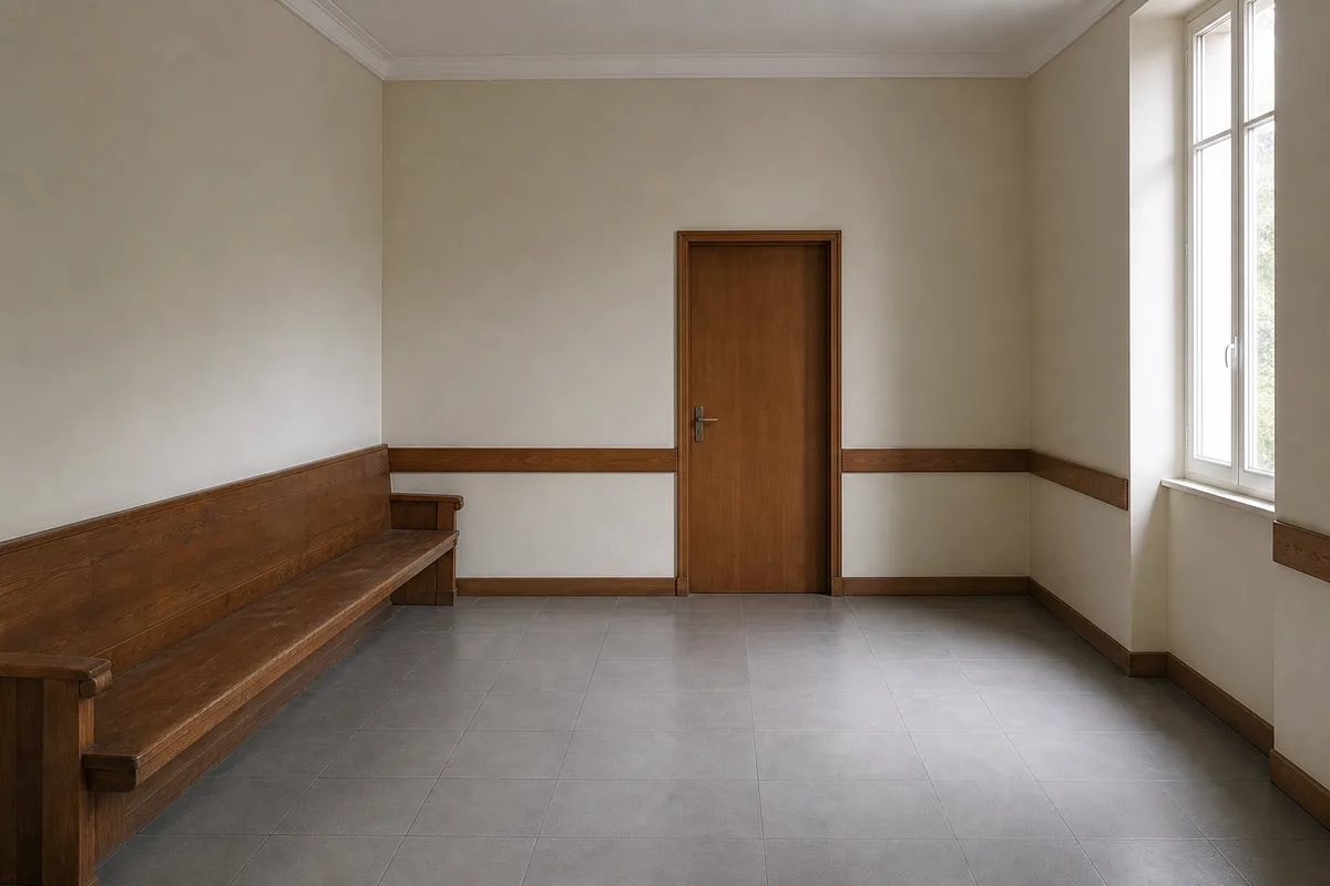 Salle d&rsquo;attente vide d&rsquo;un bâtiment administratif français avec banc en bois