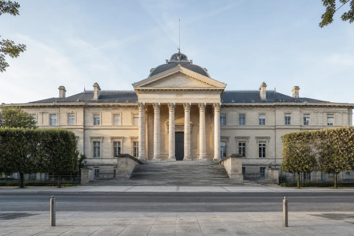 Façade en pierre d&rsquo;un palais de justice français par temps clair