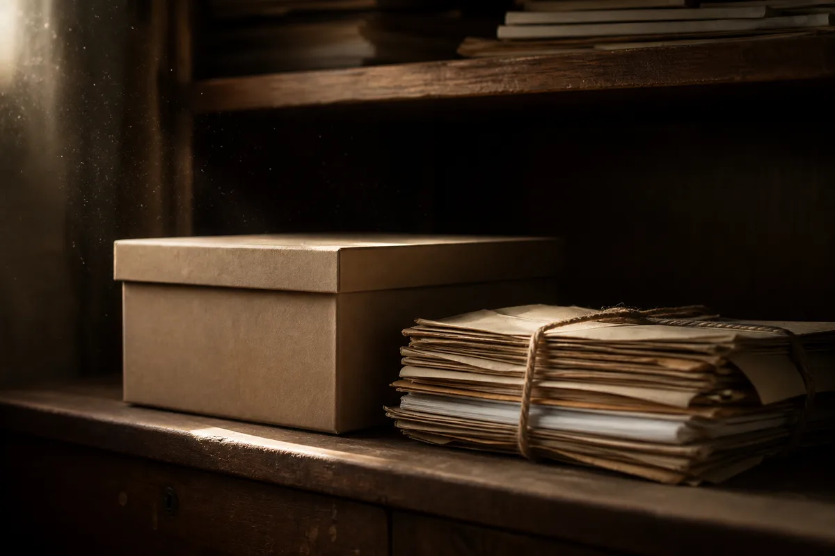 Boîte d&rsquo;archives en carton et liasse de papiers ficelée posées sur une étagère