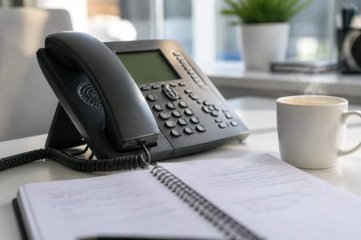 Téléphone de bureau posé près d’un carnet ouvert et d’une tasse dans un bureau clair