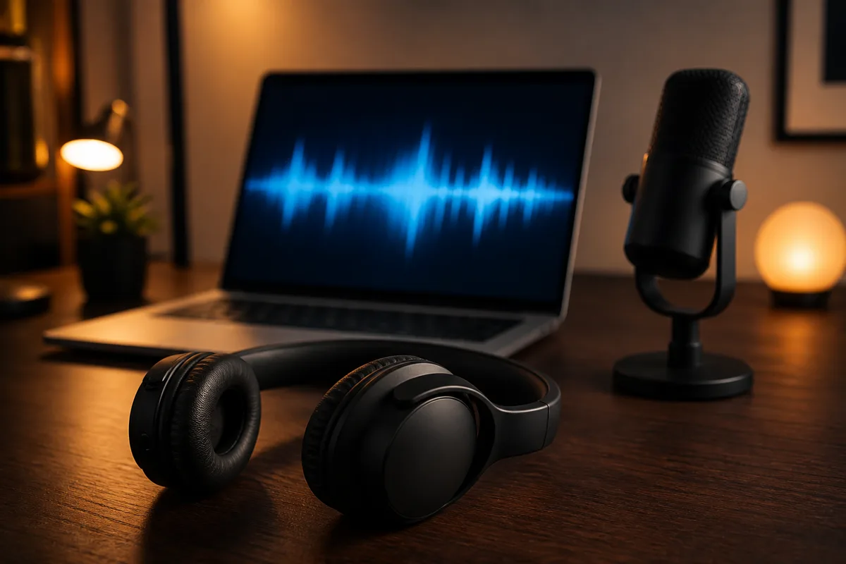 Micro-casque posé sur un bureau avec ordinateur affichant un logiciel d’enregistrement audio