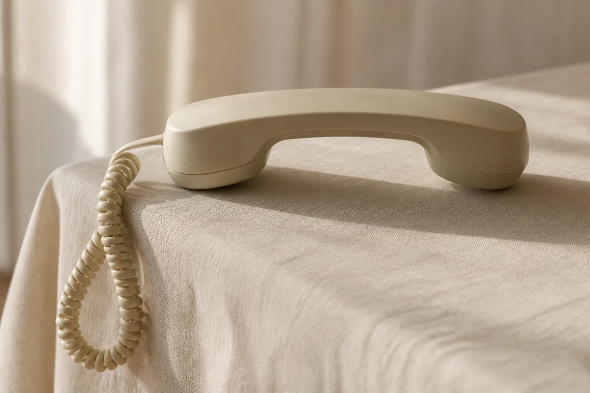 Combiné de téléphone fixe décroché posé sur une nappe de lin à côté de son cordon spiralé