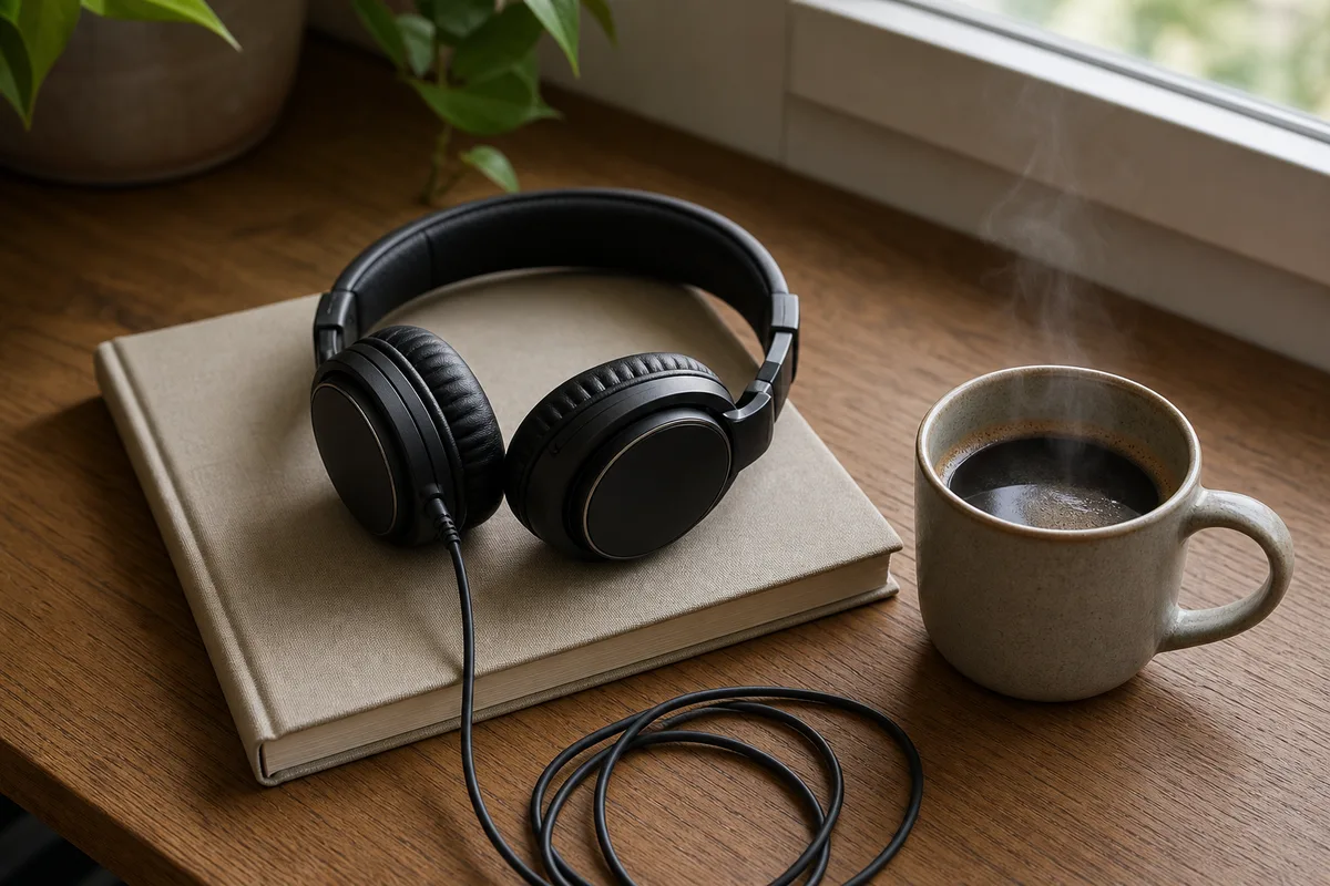 Casque audio filaire posé sur un carnet fermé à côté d’une tasse de café sur un bureau