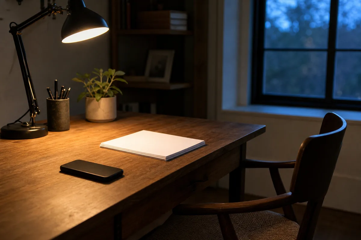 Bureau vide en fin de journée avec lampe allumée et téléphone retourné sur le plateau