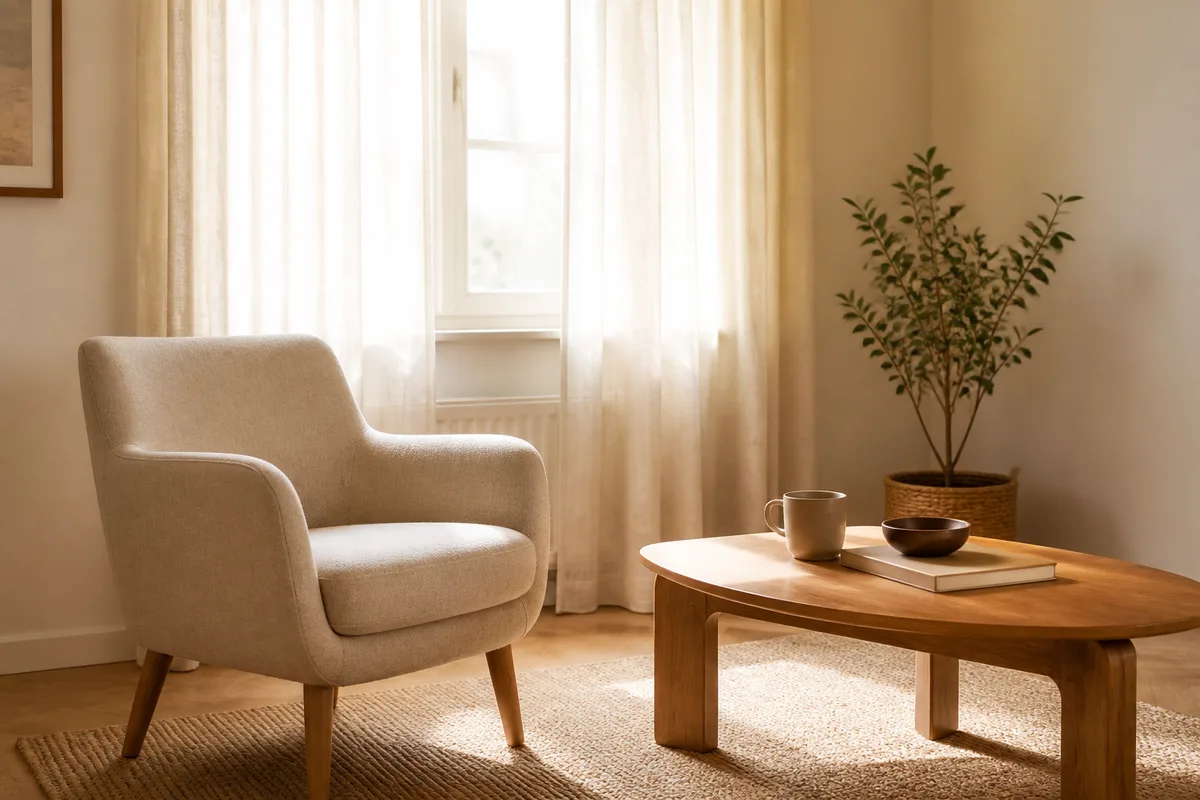 Fauteuil en tissu clair et petite table basse près d’une fenêtre lumineuse de salon
