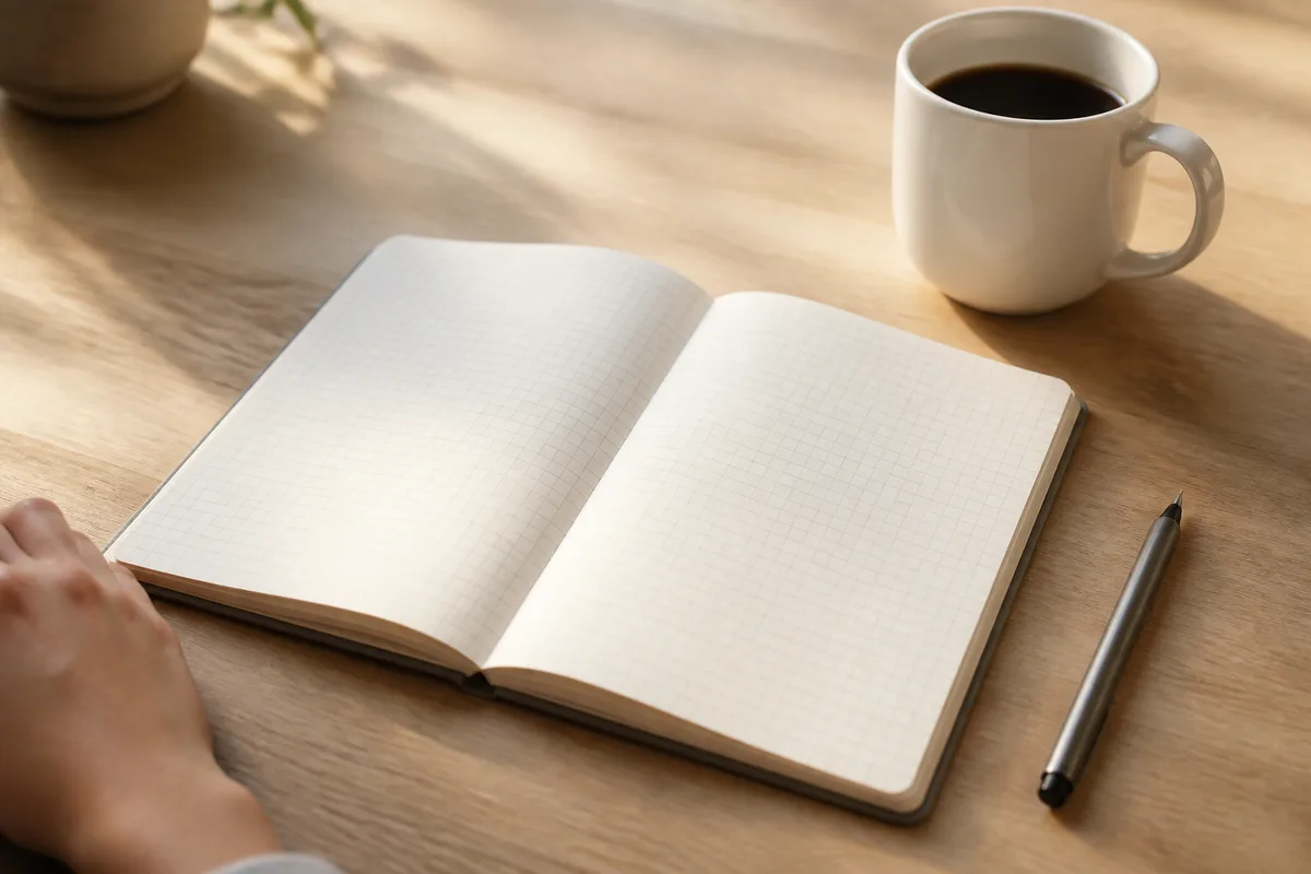 Carnet quadrillé et stylo posés près d’une tasse de café sur un bureau en bois clair