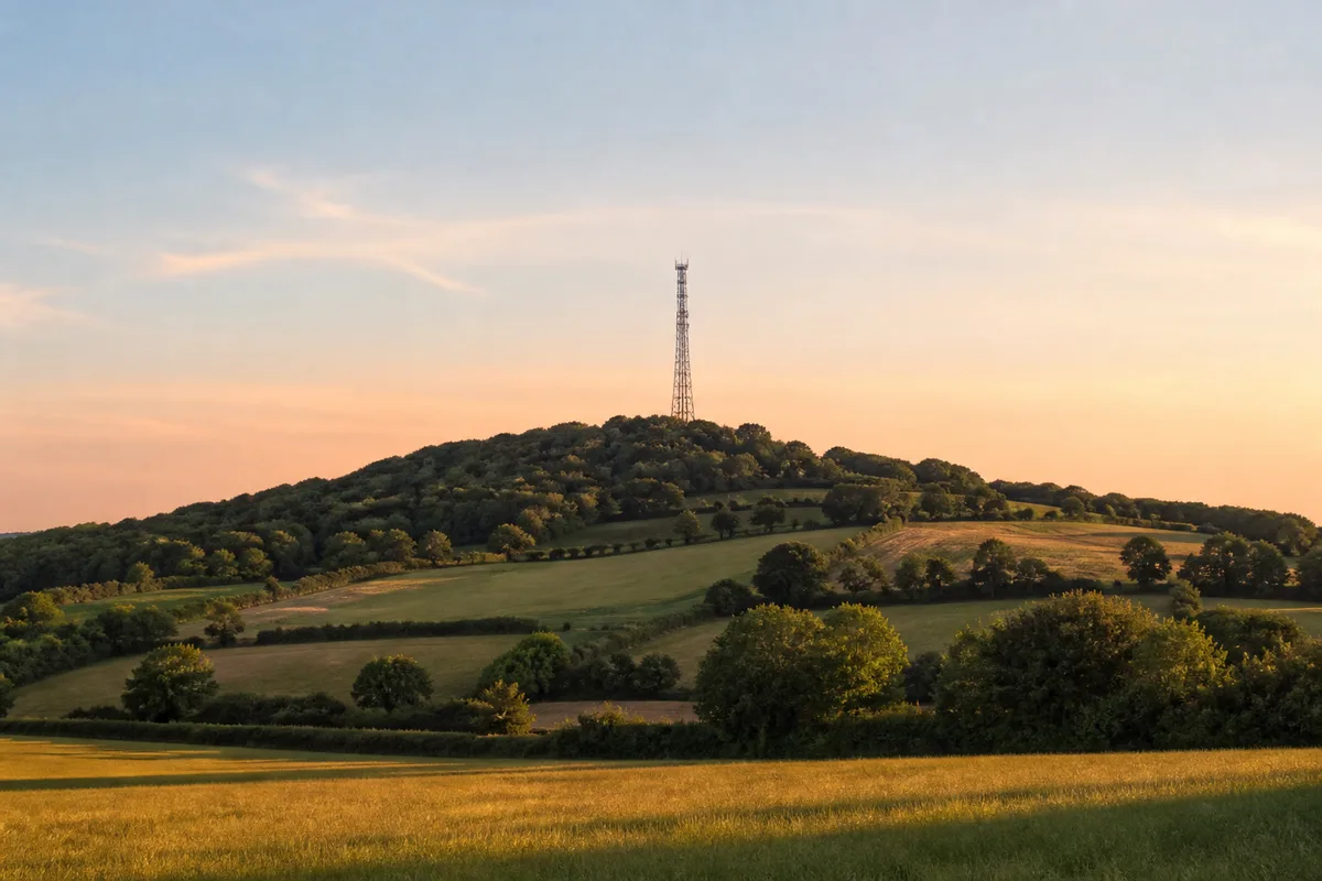 Antenne relais sur une colline boisée sous un ciel dégagé de fin de journée